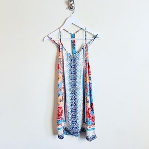 Cream & Bright Floral Mixed Print Linen Strappy Boho Shift Mini Dress